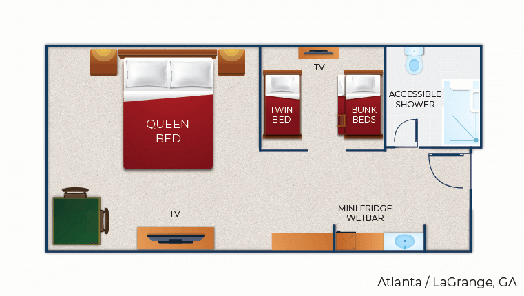 The floor plan for the accessible shower KidCabin Suite